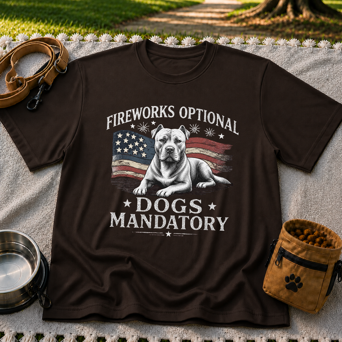 a pit bull beside “Fireworks optional, dogs mandatory”. On a Dark Chocolate T-shirt.