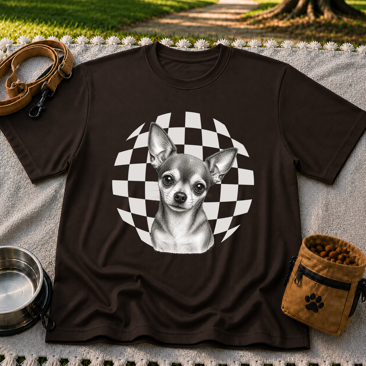 Sweet Chihuahua Portrait artwork on a Dark Chocolate T-shirt.