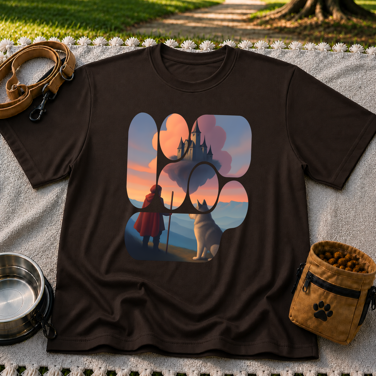Magical Landscape Pet Lover artwork on a Dark Chocolate T-shirt.