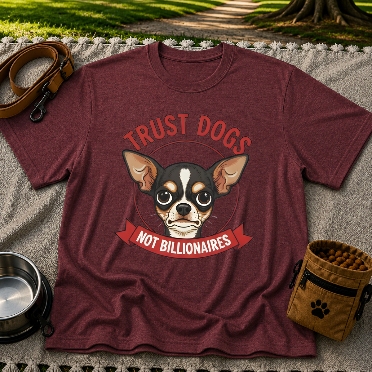 Maroon T-shirt mockup featuring Chihuahua portrait above a red Trust Dogs Not Billionaires banner.