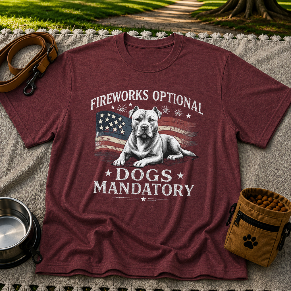 a pit bull beside “Fireworks optional, dogs mandatory”. On a Maroon T-shirt.