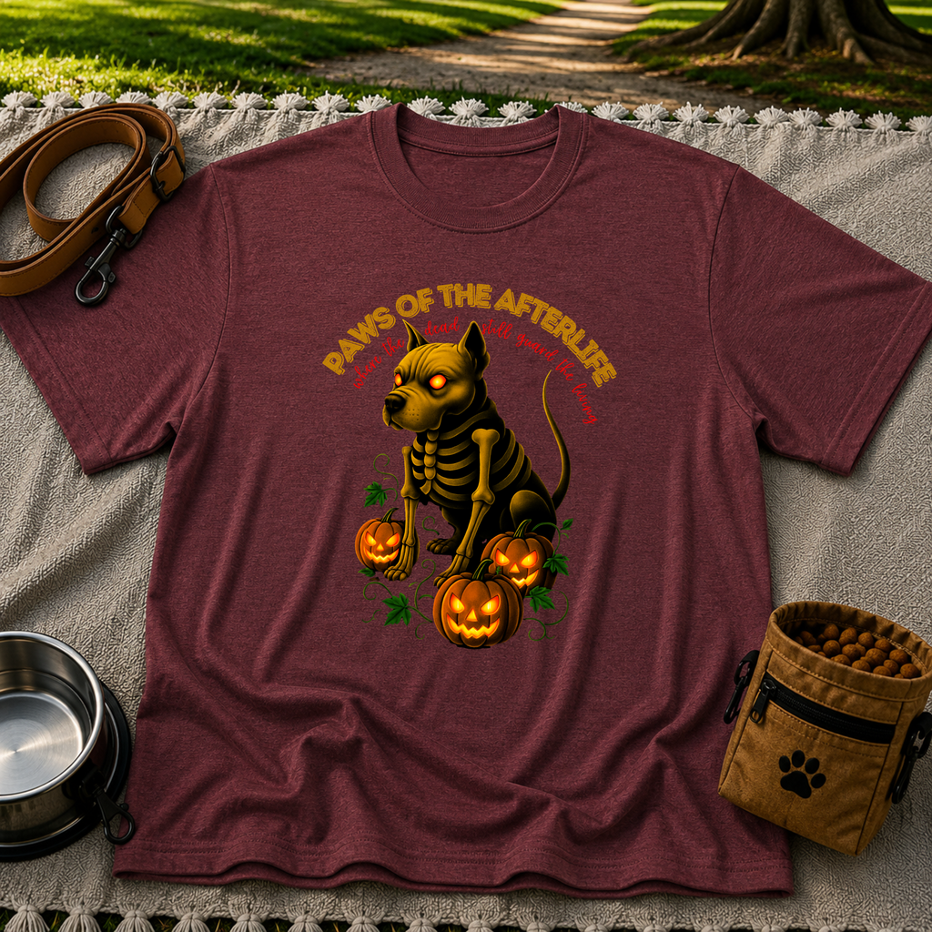 Paws of the Afterlife Pitbull Skeleton Halloween design on a Maroon T-shirt.