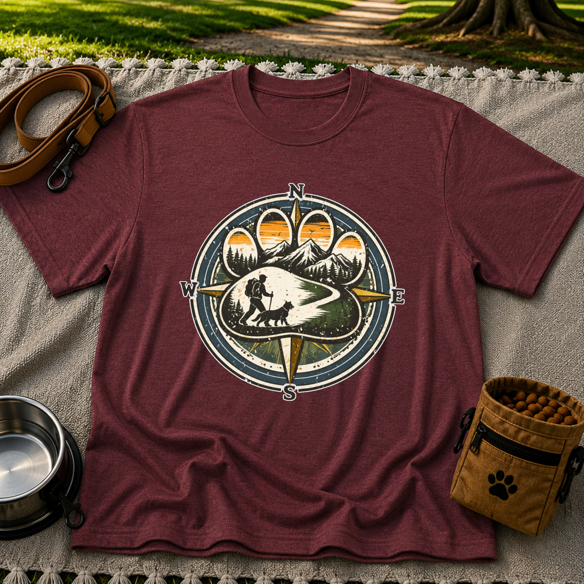 Maroon T-shirt mockup featuring compass rose framing a hiker and dog on a mountain trail.