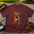 Maroon T-shirt mockup featuring faceted multicolor French Bulldog portrait with Every Angle Says I’m Awesome lettering.