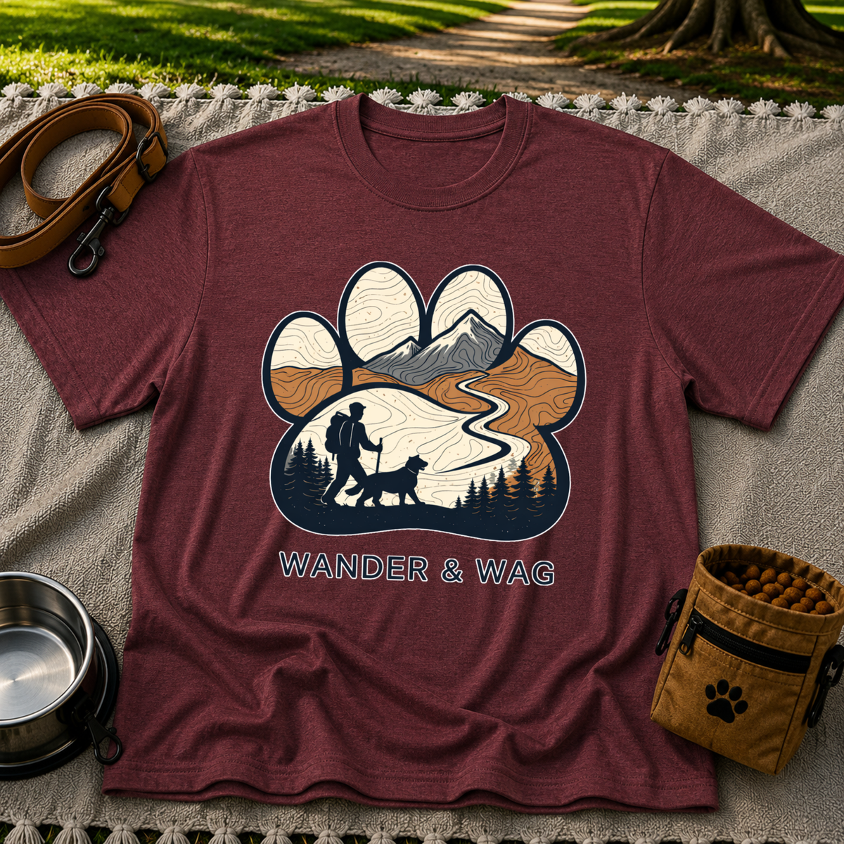 Maroon T-shirt mockup featuring hiker and dog following a mountain trail framed inside a paw print.