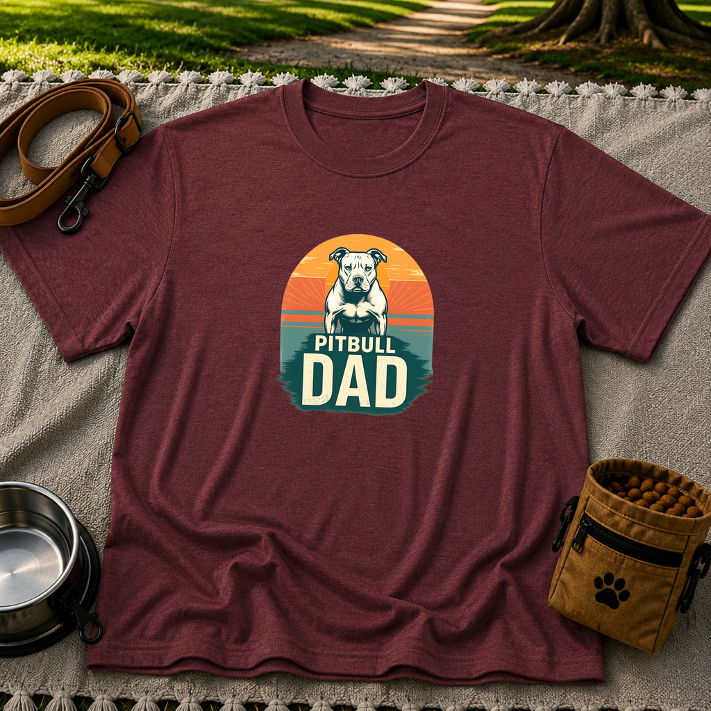 Vintage Pitbull Dad design on a Maroon T-shirt.