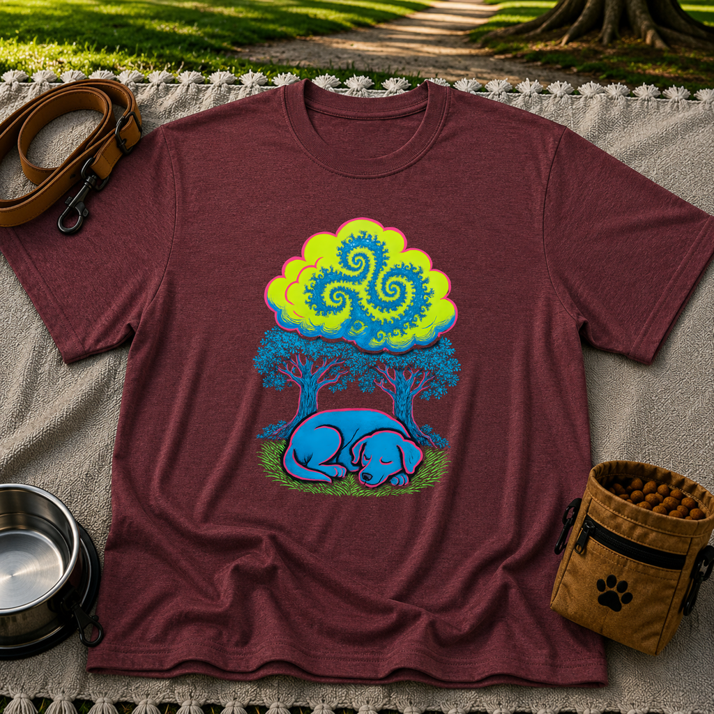 Psychedelic Sleeping Dog artwork on a Maroon T-shirt.