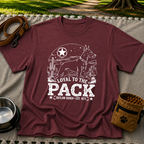 a ranch dog inside a “Loyal to the Pack” western badge. On a Maroon T-shirt.