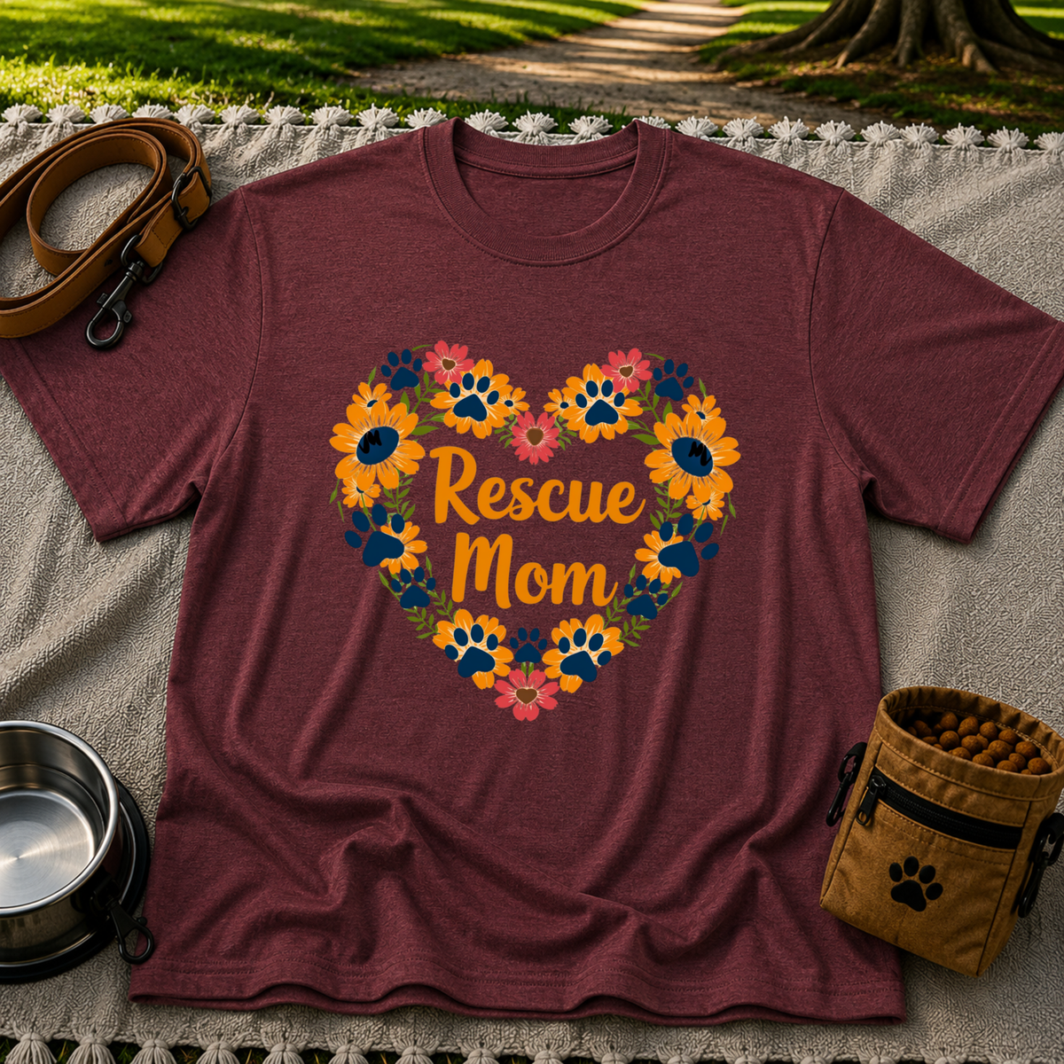 Rescue Mom Floral Paw design on a Maroon T-shirt.