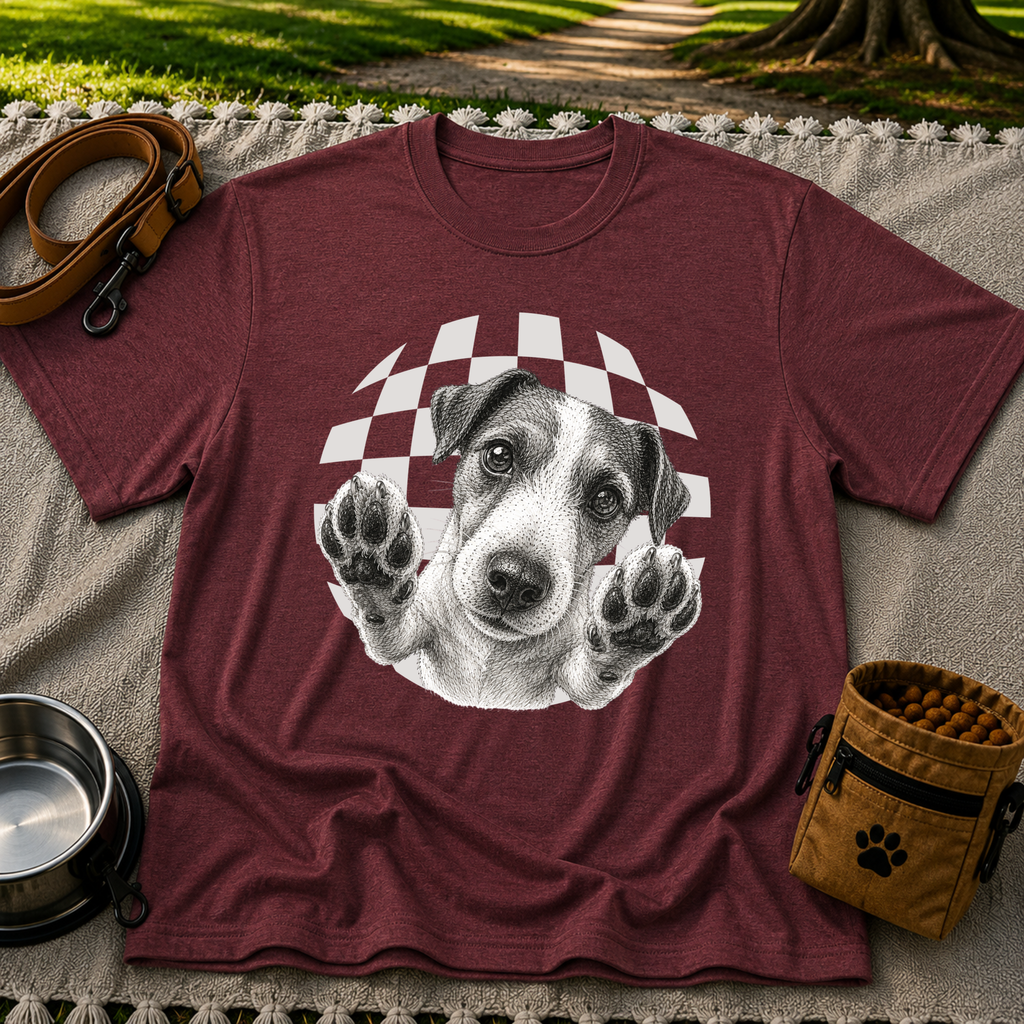 Jack Russell Terrier Paws Up artwork on a Maroon T-shirt.
