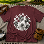 Jack Russell Terrier Paws Up artwork on a Maroon T-shirt.