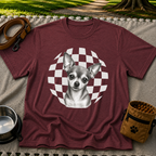Sweet Chihuahua Portrait artwork on a Maroon T-shirt.
