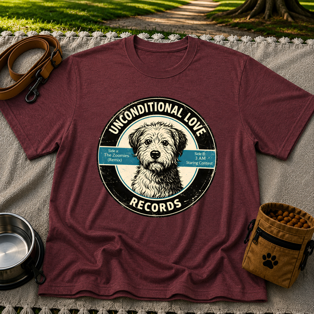 Maroon T-shirt mockup featuring shaggy dog portrait on a record label with playful track names.