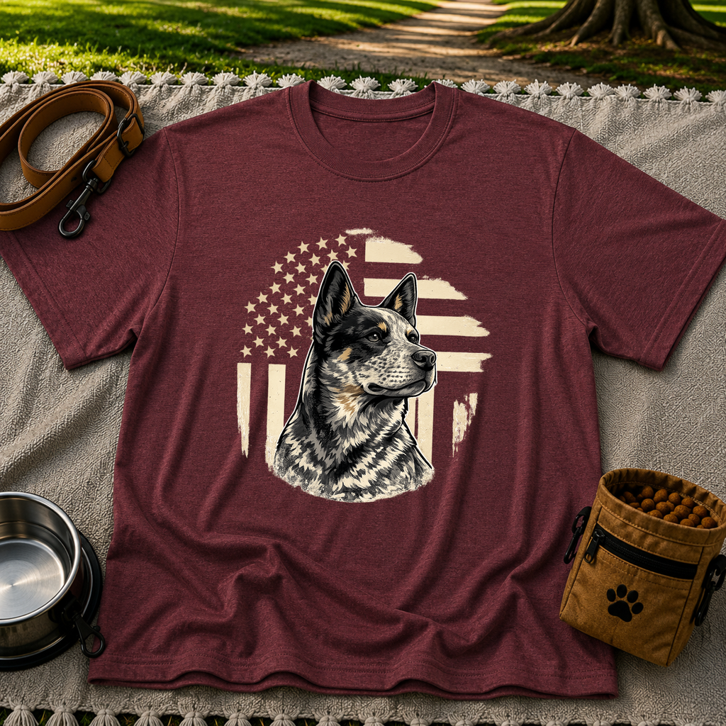 Maroon T-shirt mockup featuring Blue Heeler portrait with a weathered American flag and stars.