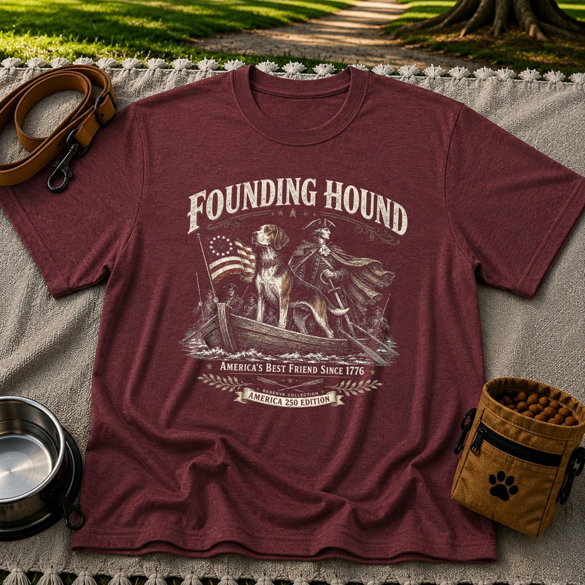 a founding-era American scene with hounds and patriotic details. On a Maroon T-shirt.