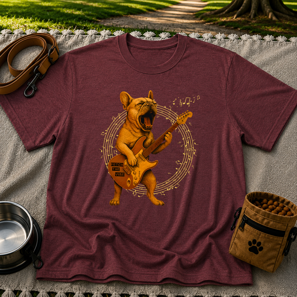 Rocking French Bulldog Guitar artwork on a Maroon T-shirt.