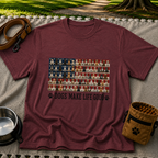 Maroon T-shirt mockup featuring rows of dog portraits over an American flag with Dogs Make Life Good lettering.