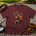 Wiener Takes All Steampunk Dachshund design on a Maroon T-shirt.