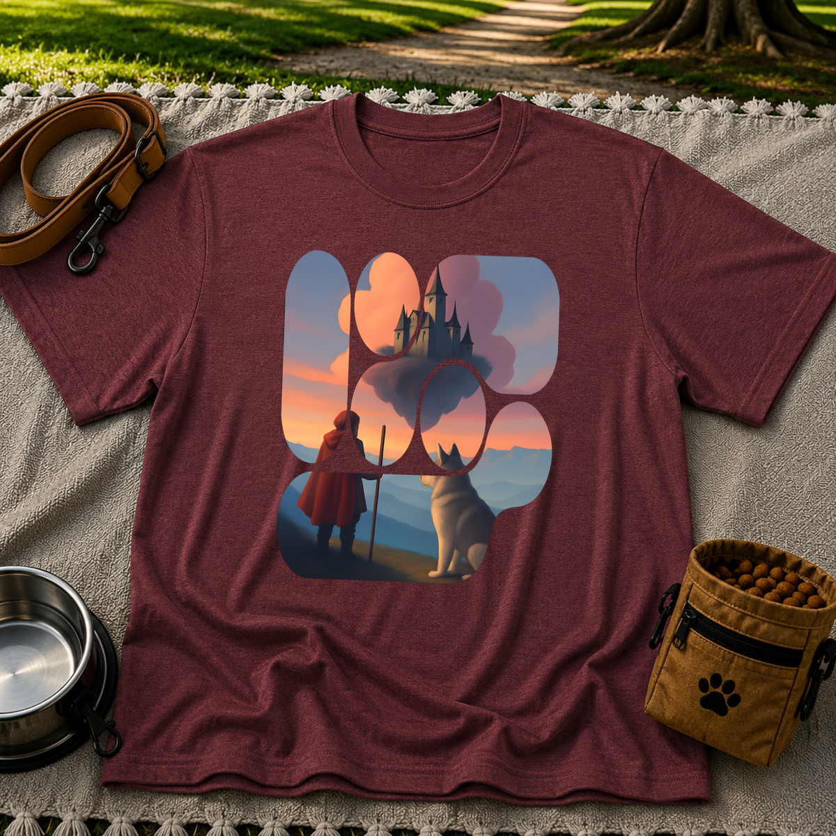 Magical Landscape Pet Lover artwork on a Maroon T-shirt.