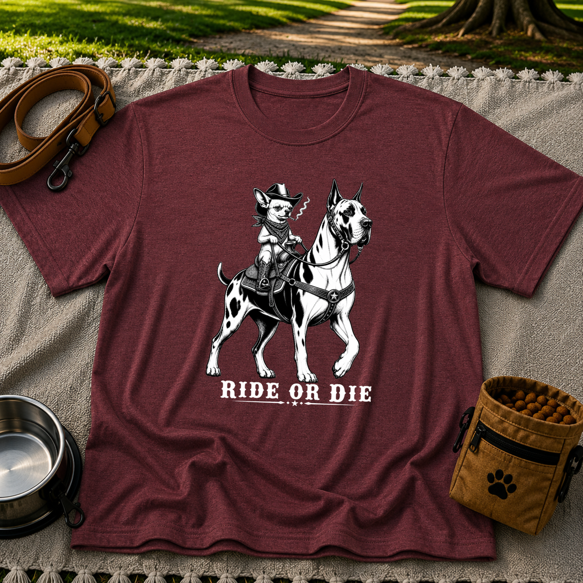 Maroon T-shirt mockup featuring cowboy-hat Chihuahua riding a Great Dane above Ride or Die lettering.