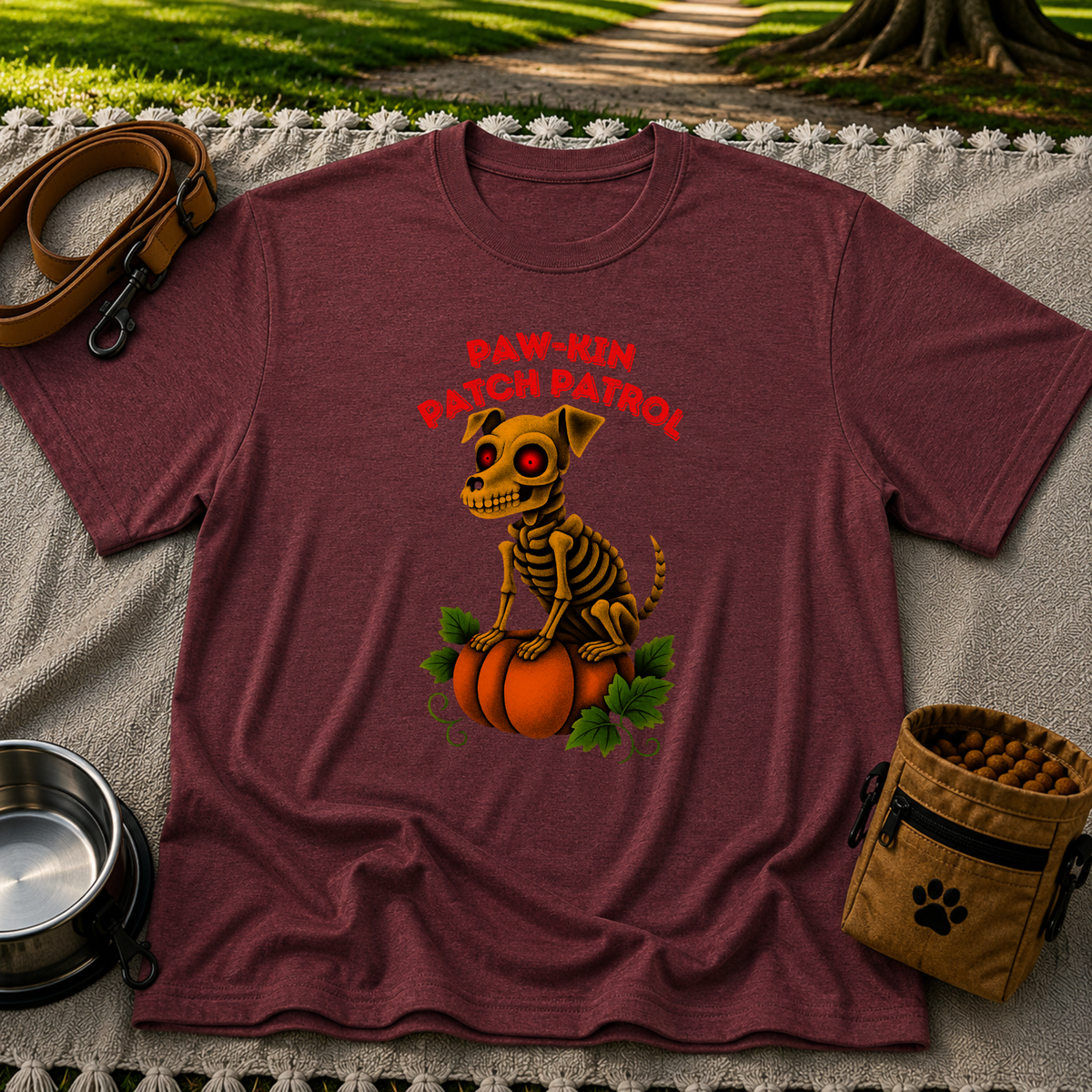 Paw-kin Patch Patrol Skeleton Dog Halloween design on a Maroon T-shirt.