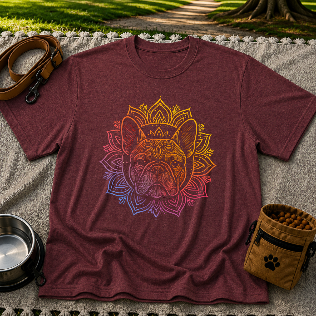 Bohemian French Bulldog Mandala artwork on a Maroon T-shirt.