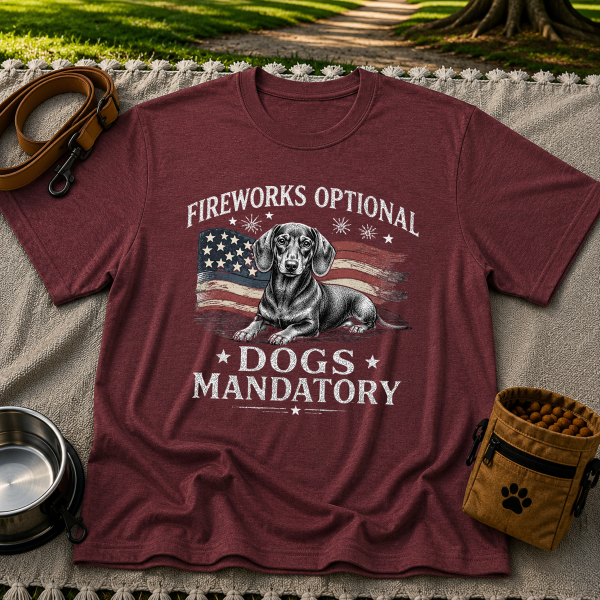 a Dachshund beside “Fireworks optional, dogs mandatory”. On a Maroon T-shirt.