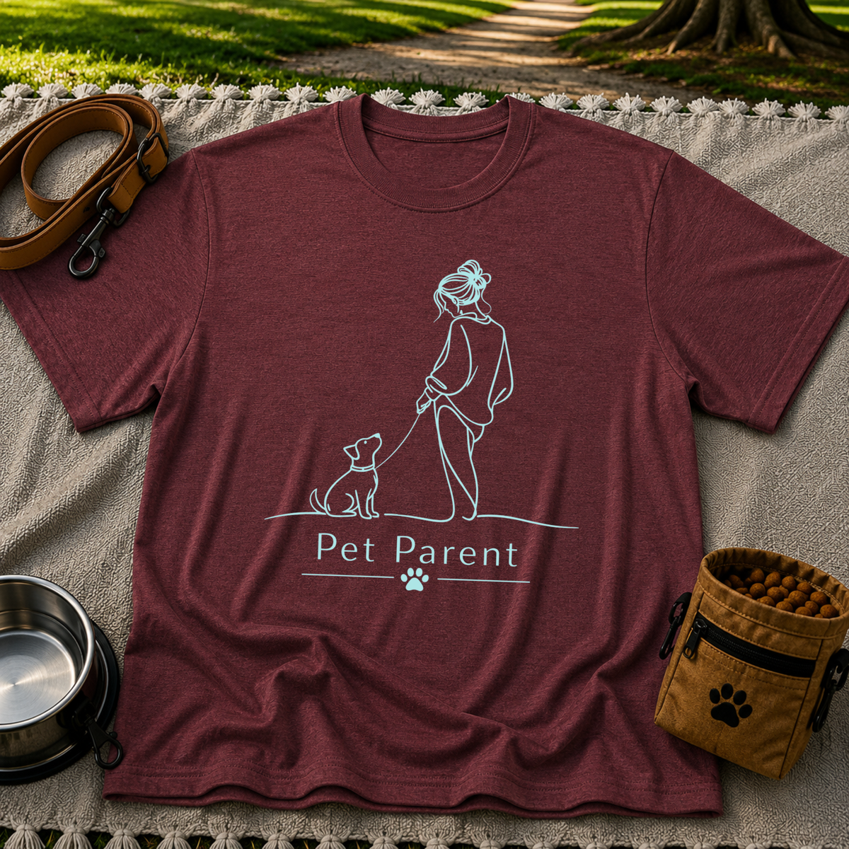 a person walking a dog beneath the words “Pet Parent”. On a Maroon T-shirt.
