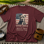 Maroon T-shirt mockup featuring pit bull portrait in front of a weathered American flag.