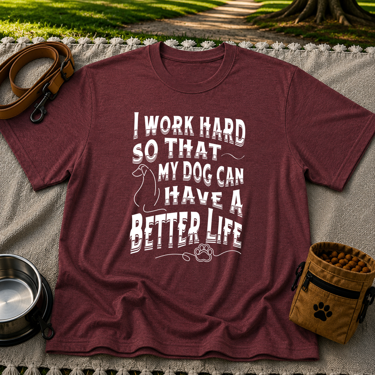 a “work hard so that my dog can have a better life” message. On a Maroon T-shirt.