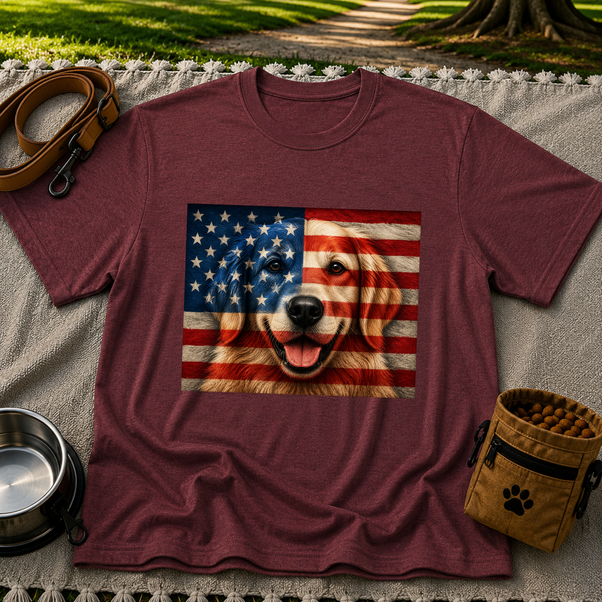 Patriotic Golden Retriever Flag design on a Maroon T-shirt.