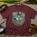 Tempest and Tails Companion Crest artwork on a Maroon T-shirt.