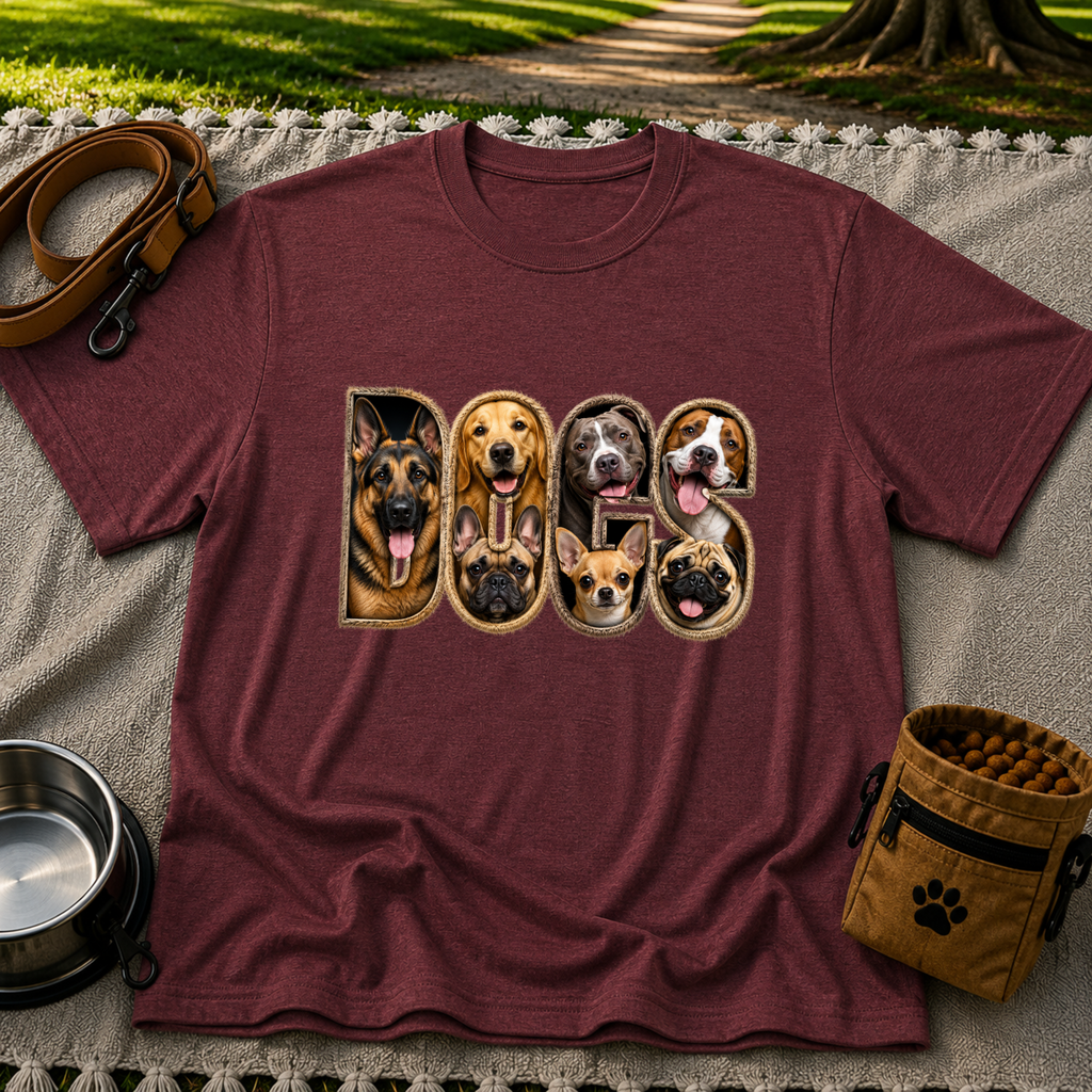 Dogs Dogs Dogs Dog Lover design on a Maroon T-shirt.