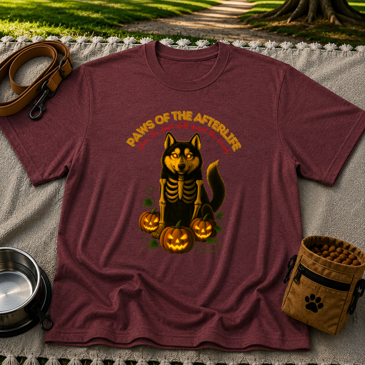 Paws of the Afterlife Husky Skeleton Halloween design on a Maroon T-shirt.