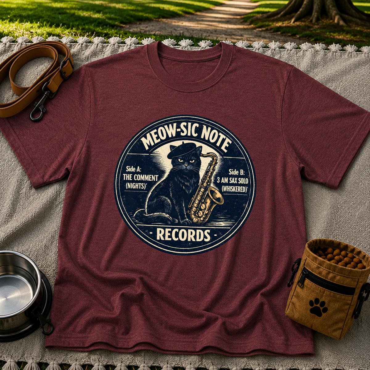Maroon T-shirt mockup featuring black cat beside a saxophone on a round Meow-sic Note Records label.
