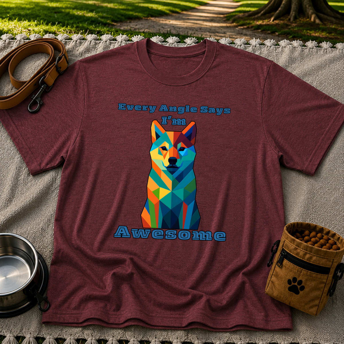Maroon T-shirt mockup featuring blue-toned geometric dog portrait with Every Angle Says I’m Awesome lettering.