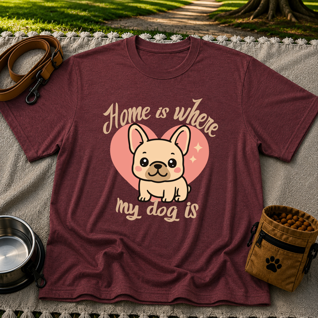 Home Is Where My Dog Is Frenchie Dog design on a Maroon T-shirt.