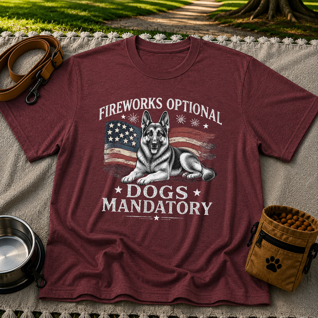 a German Shepherd beside “Fireworks optional, dogs mandatory”. On a Maroon T-shirt.