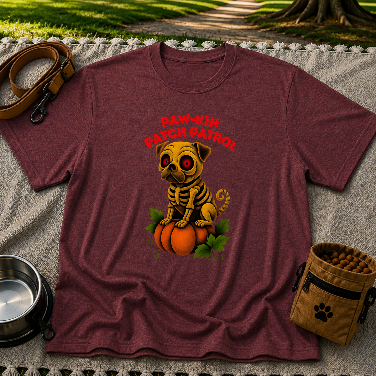 Paw-kin Patch Patrol Pug Halloween Dog Lover design on a Maroon T-shirt.