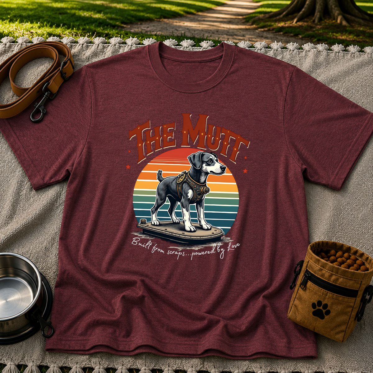a mixed-breed dog above a “built from scraps, powered by love” sentiment. On a Maroon T-shirt.