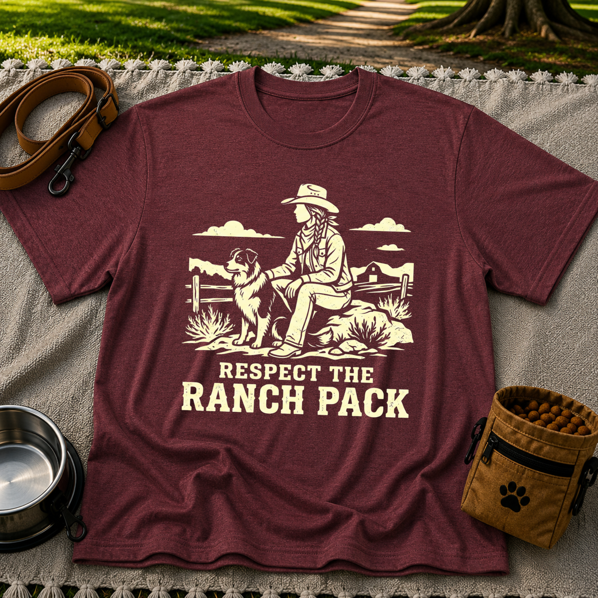 Maroon T-shirt mockup featuring western ranch scene with a rider, dog, open landscape, and Respect the Ranch Pack lettering.