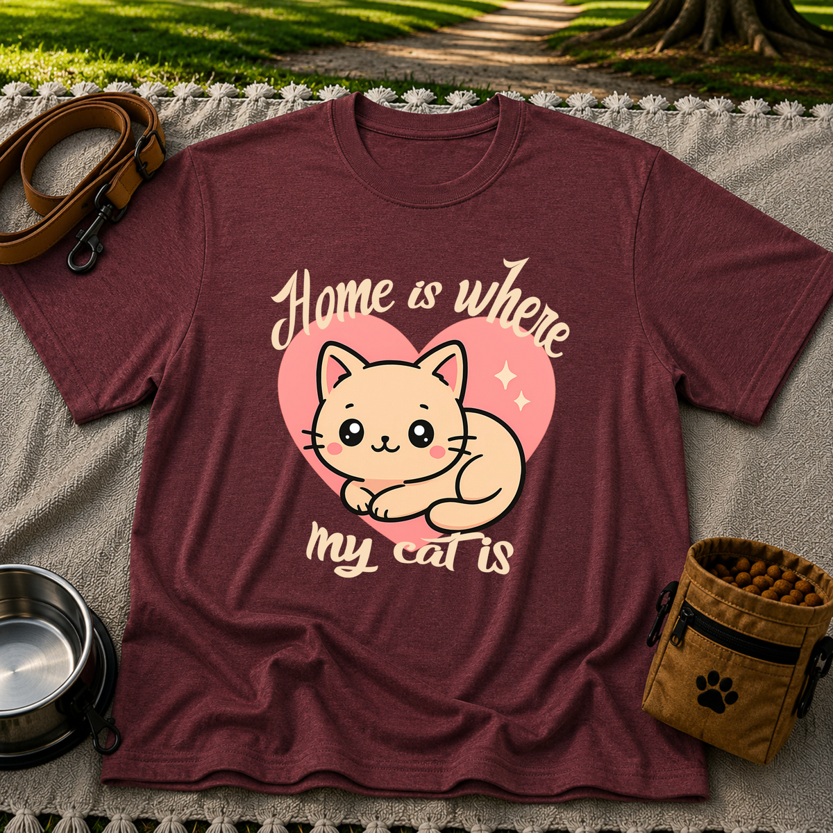 Maroon T-shirt mockup featuring kawaii cat resting inside a pink heart with Home Is Where My Cat Is lettering.