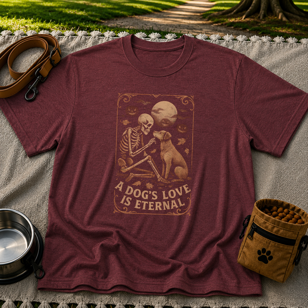 Maroon T-shirt mockup featuring a seated dog and skeleton beneath moons and planets with A Dog’s Love Is Eternal.