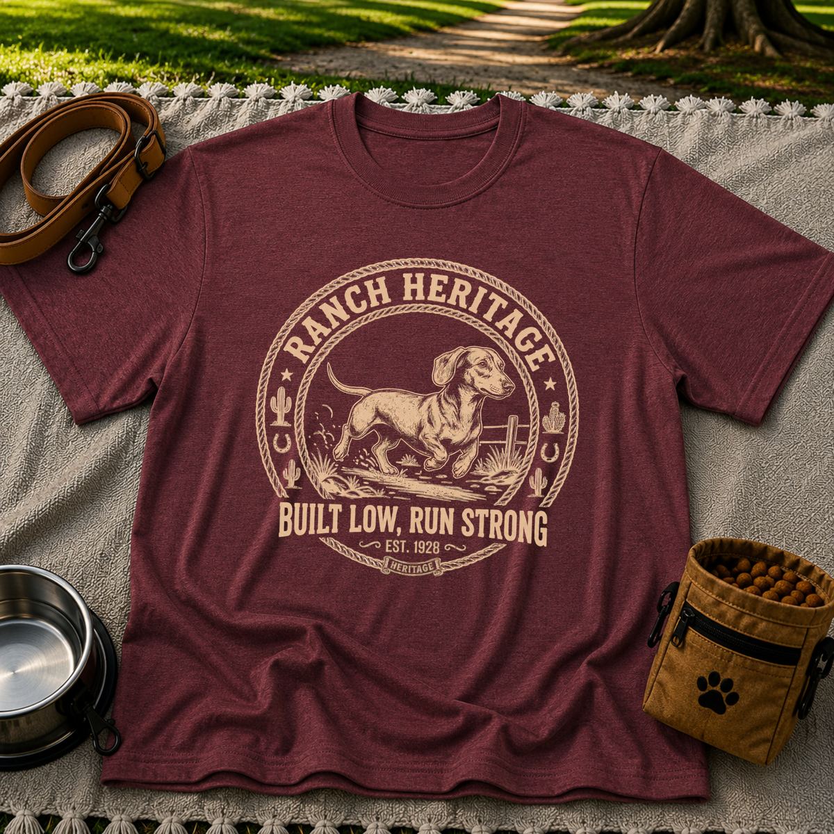 a Dachshund running inside a “Ranch Heritage” western emblem. On a Maroon T-shirt.