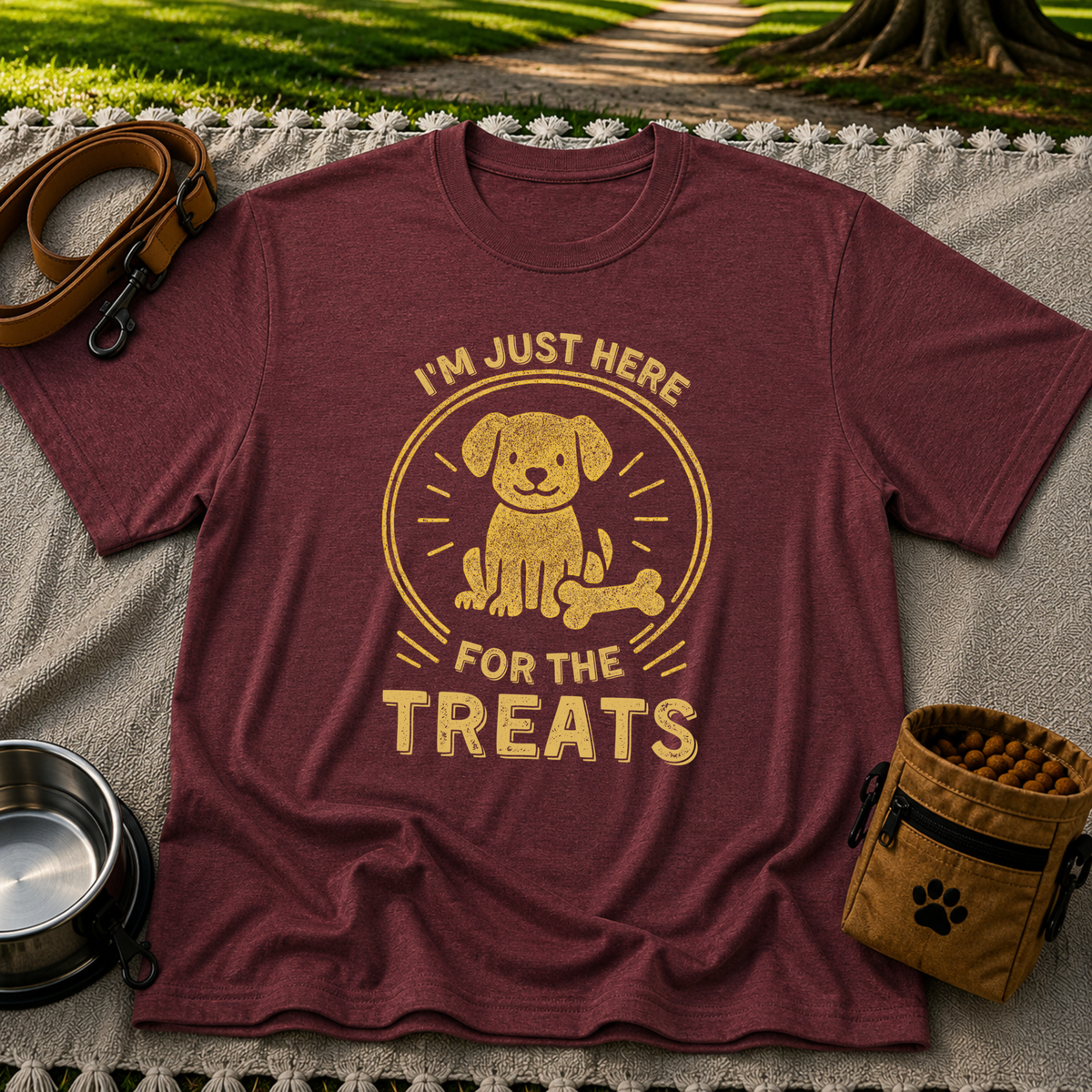 I'm Just Here for the Treats design on a Maroon T-shirt.