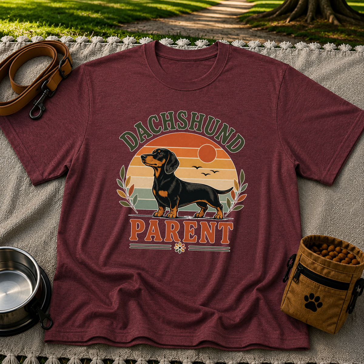 Maroon T-shirt mockup featuring dachshund portrait in a striped sunset badge with Dachshund Parent lettering.