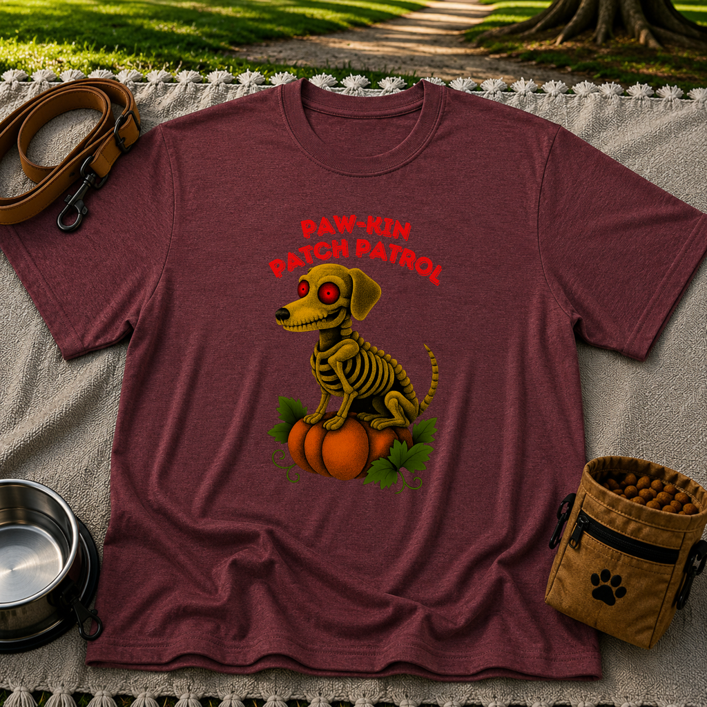 Paw-kin Patch Patrol Dachshund Halloween Dog design on a Maroon T-shirt.