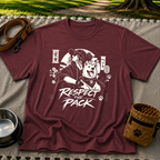 Maroon T-shirt mockup featuring illustrated dog beside stylized lettering that reads Respect the Pack.