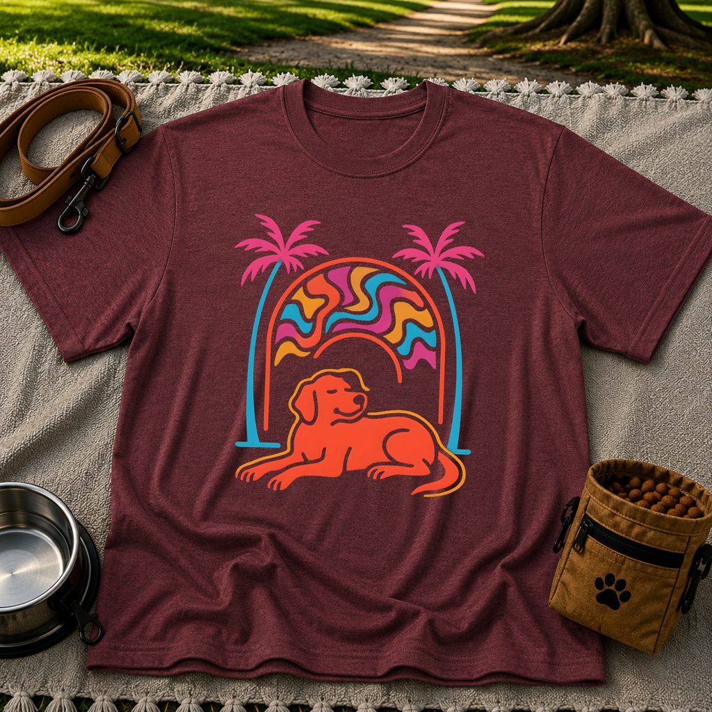 Psychedelic Dog Palm Trees design on a Maroon T-shirt.