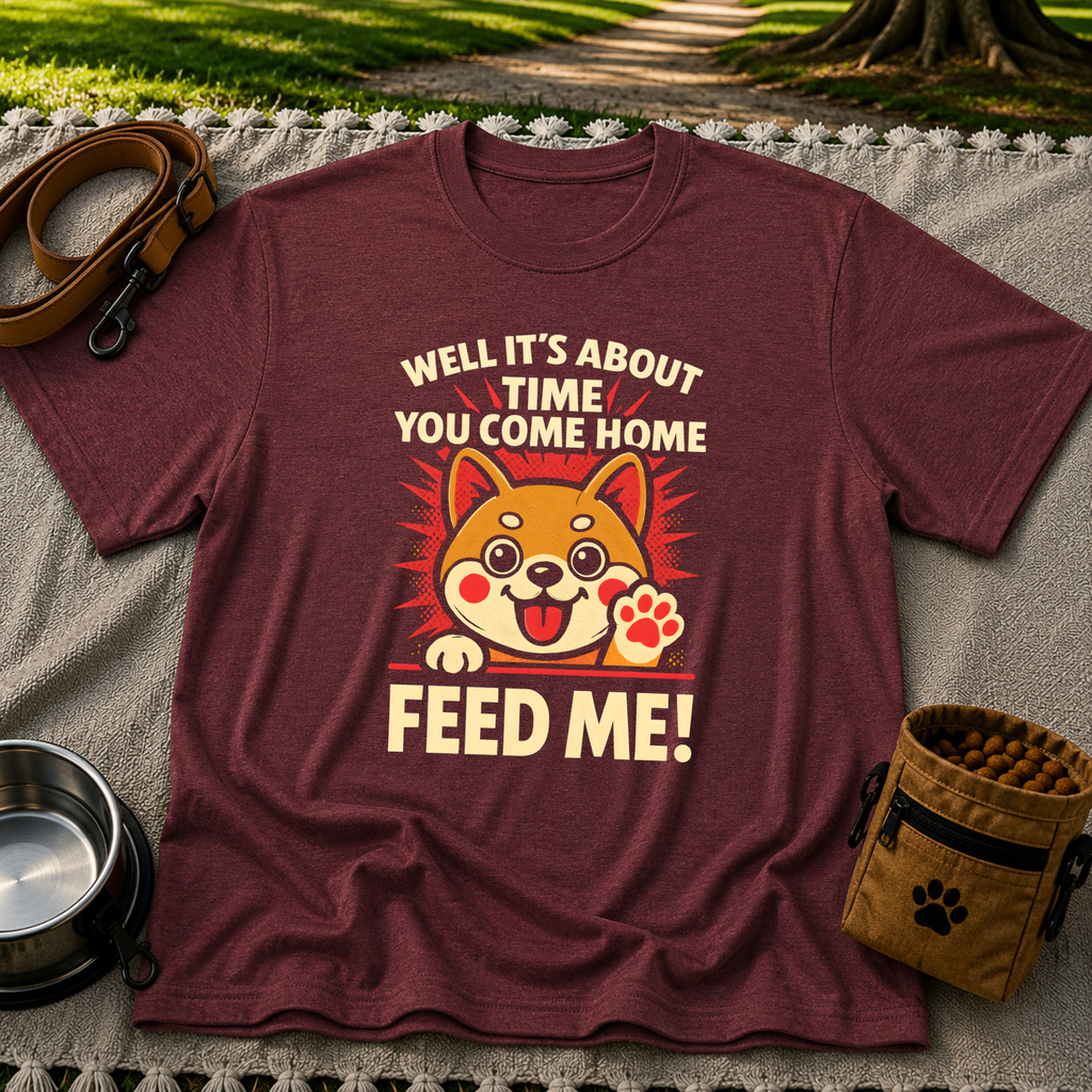 Shiba Inu Feed Me artwork on a Maroon T-shirt.